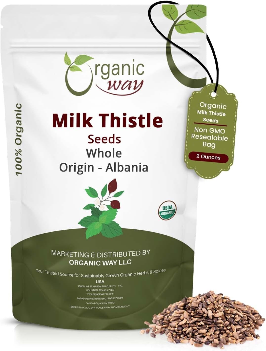 Organic Way Whole Milk Thistle Seeds (Silybum marianum) - Herabl Tea | European Wild-Harvest, Organic & Kosher Certified, Vegan, Non GMO & Gluten Free, USDA Certified, Origin - Albania (2 Oz)