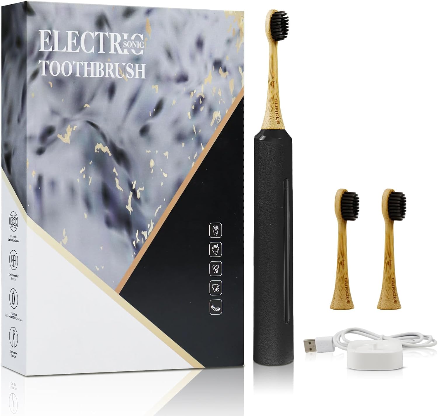 Bamboo Electric Toothbrush for Adults丨Rechargeable Electric Toothbrush with 3 Non Toxic Charcoal Infused Bamboo Brush Heads, 5 Cleaning Modes, 60 Days Battery Life, IPX7 Waterproof-Black