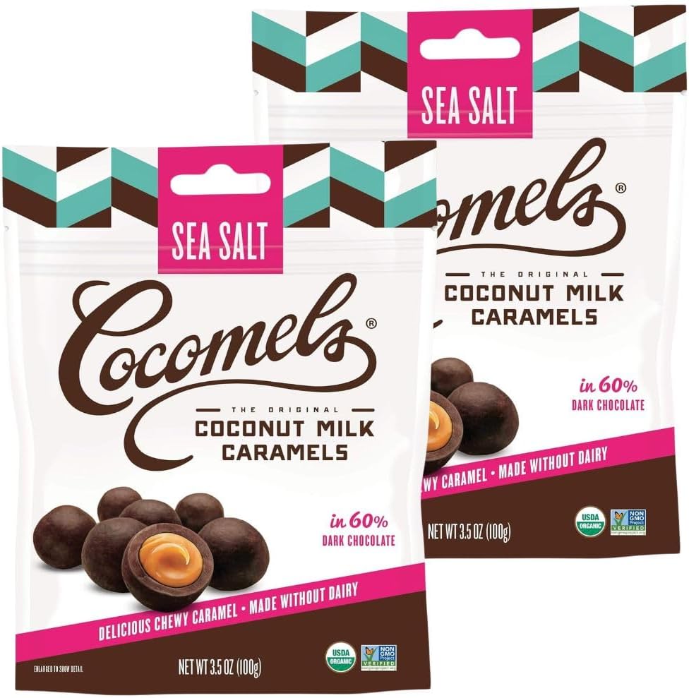Cocomels Chocolate Sea Salt Cocomel Bites – Organic Vegan Chocolate Candy – Non Dairy Cocomels – Dairy Free – Gluten Free Candy Snacks – Melting Chocolate Vegan Candy - 2 Pack