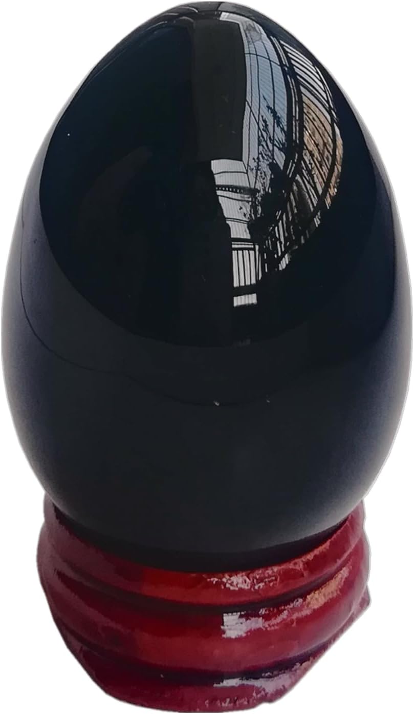 Natural Black Obsidian Egg Shaped Meditation Chakra and Home Decor Balance Crystals and Healing Stones Statue Set,35 * 50mm Easter and Thanksgiving Gift,with Wooden Bracket