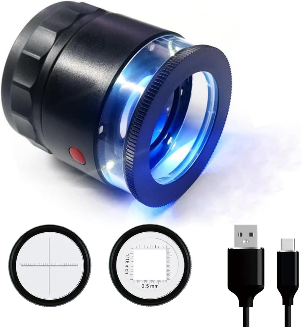 Rechargeable Loupe 10x Jewelers Loupe Magnifier with UV and LED Lights, Led Eye Loop Adjustable Focus Jewelry Magnifying Glass with Interchangeable Reticle Scales for Gemstones Identification