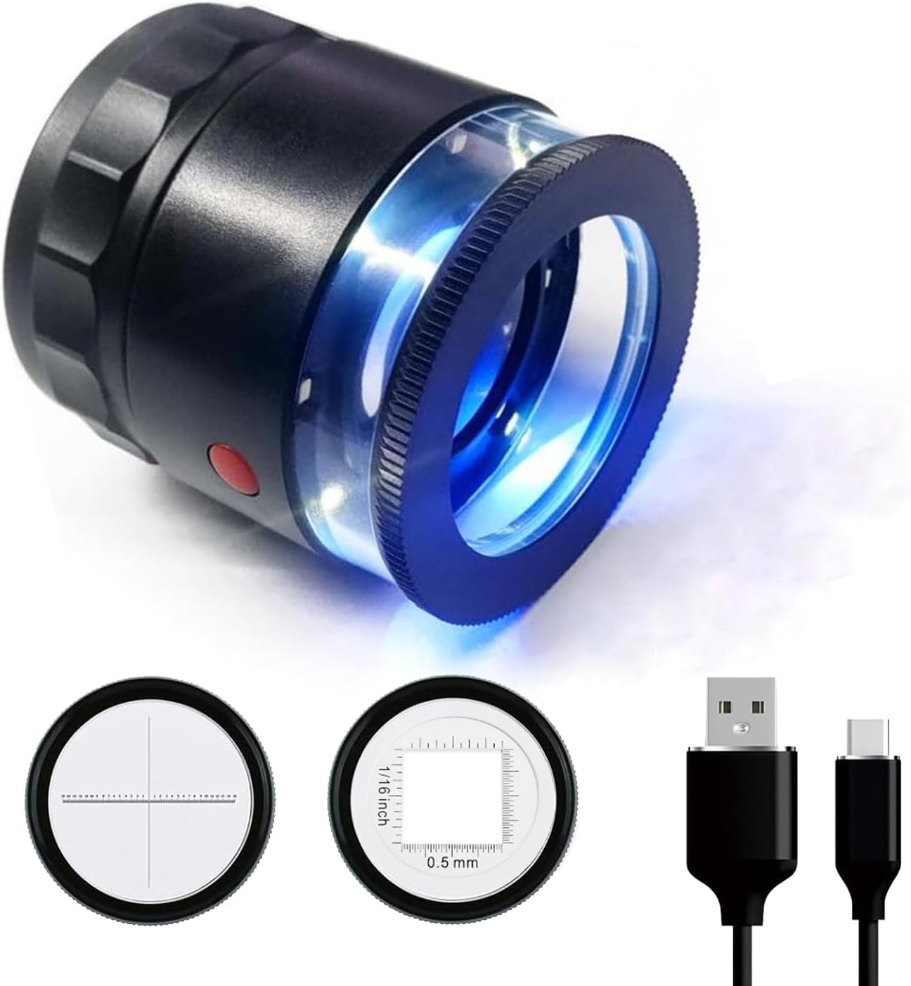 Rechargeable Loupe 10x Jewelers Loupe Magnifier with UV and LED Lights, Led Eye Loop Adjustable Focus Jewelry Magnifying Glass with Interchangeable Reticle Scales for Gemstones Identification