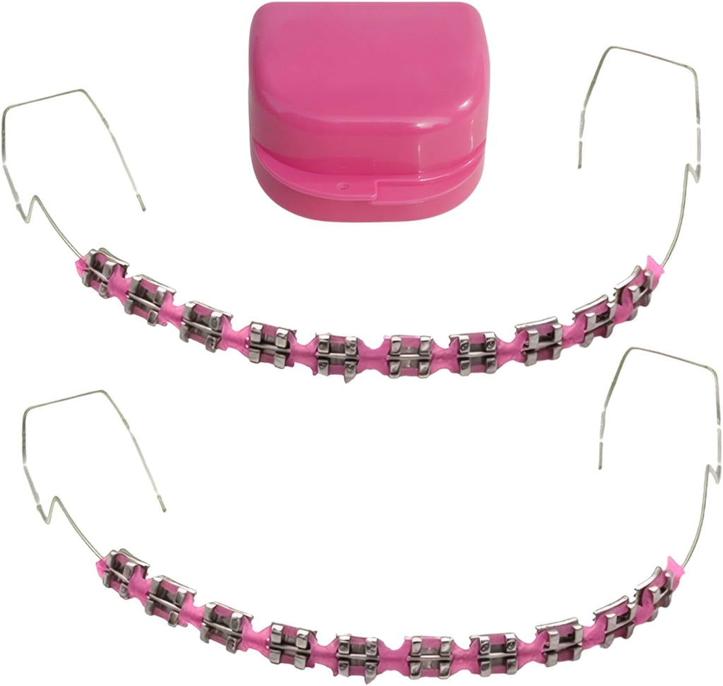 Fake Braces 2-Pcs Set Temporary Tooth Decoration with Metal Wires, Metal Brackets and Orthodontic Bands, Suitable for Orthodontists to Explain, for Dental Students to Practice (Pink)