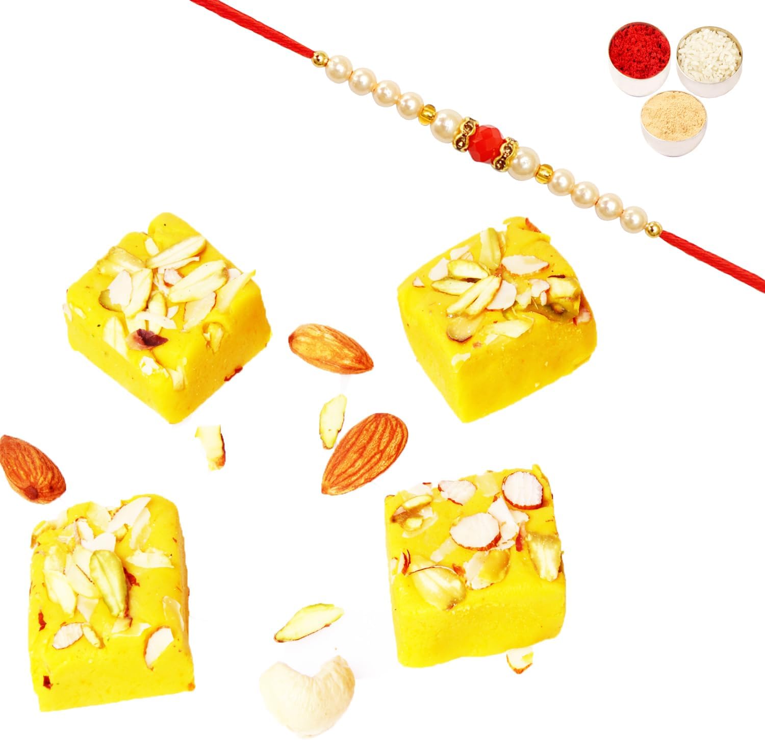 Ghasitaram Gifts Rakhi Gifts for Brothers Rakhi Sweets - Kesar mawa barfi 800gms with Beads Rakhi