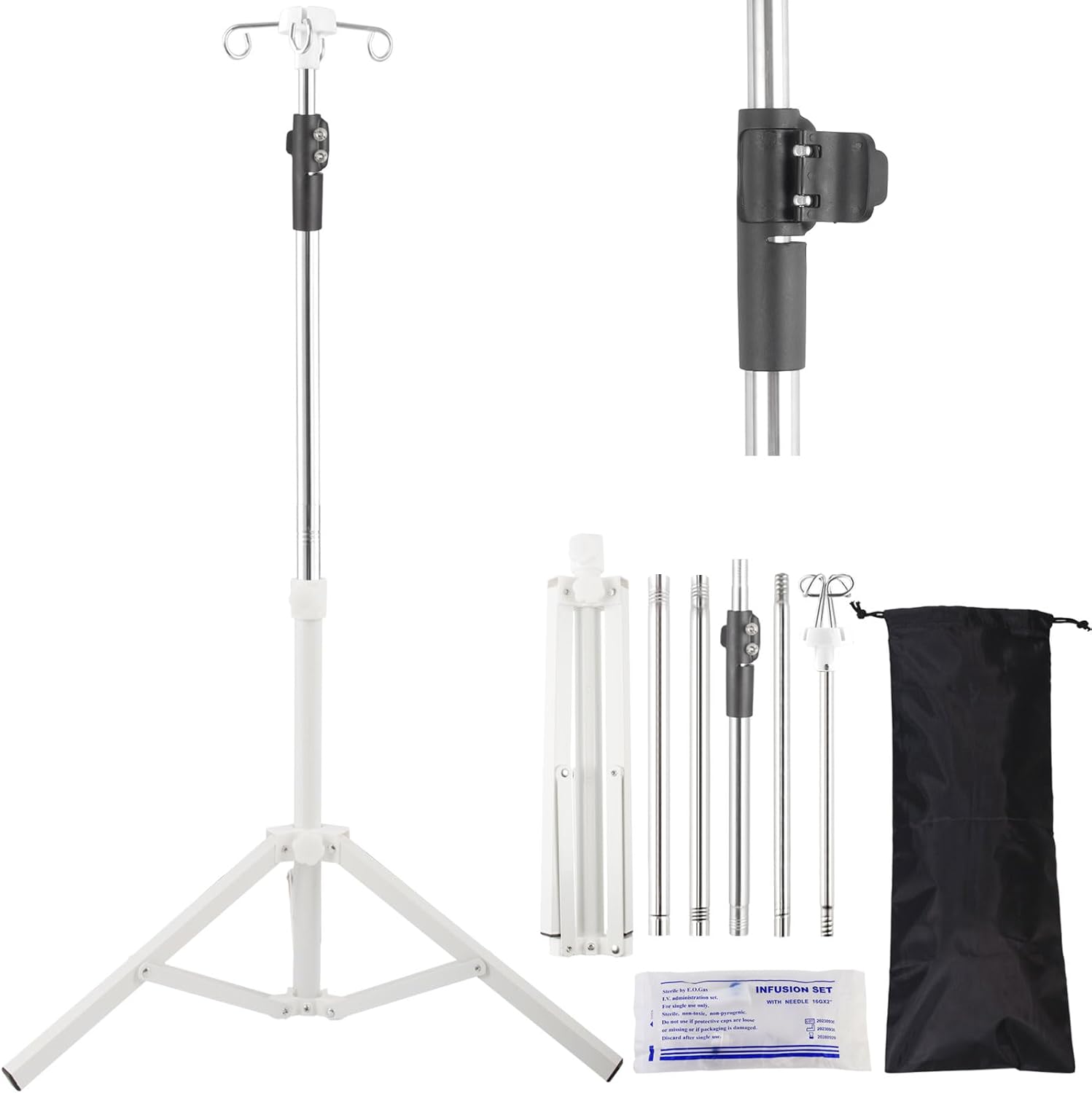 IV Pole Portable,46 to 86In Telescopic IV Stand Floor with 4 IV Bag Holder Stabilizing Tripod Stainless Steels Pipe Extension Pole IV Influsion Pole with Organizers Infusion Bags (Silver)