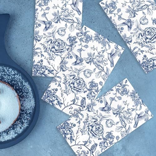 100Pcs Blue Floral Paper Napkins 3 Ply Disposable Cocktail Napkins Hummingbird Hand Towels for Bathroom Wedding Bridal Tea Party Supplies