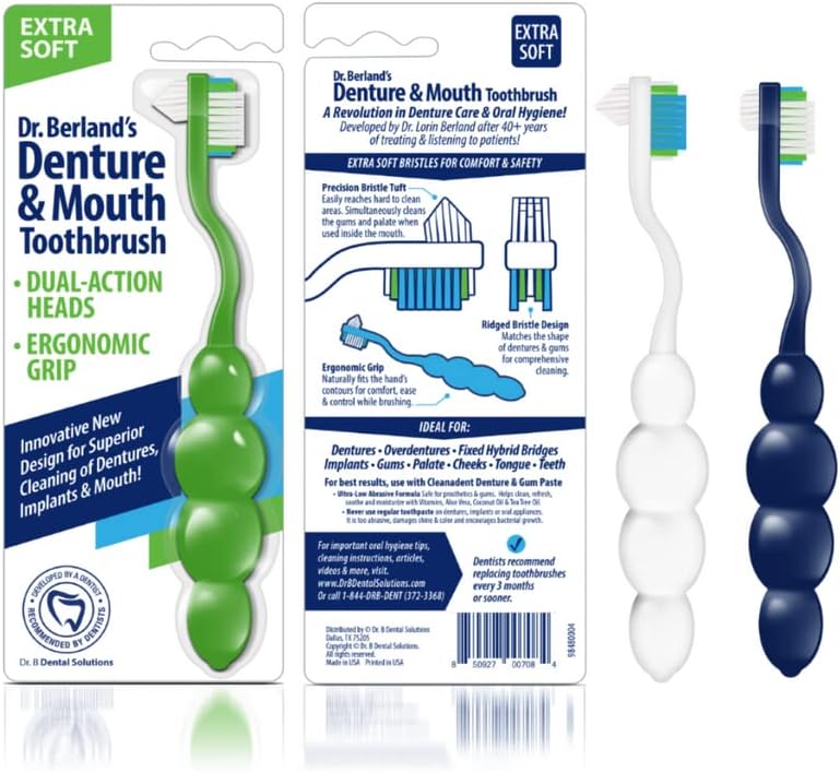 Dr. B Dental Solutions Ergonomic Denture Toothbrush Extra Soft Bristles, Removes Stains & Odor Precision Design for Implants & Overdentures Single Blue Pack
