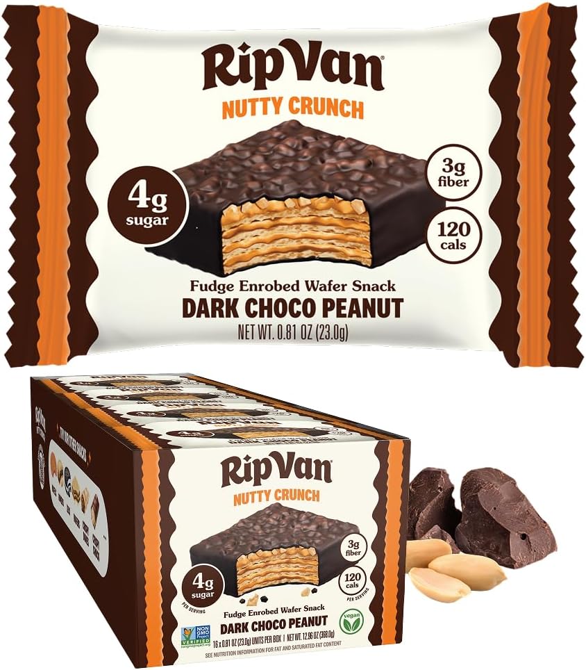 Rip Van Nutty Crunch Dark Chocolate Peanut Butter Wafer – Crispy Wafer Snack, Low Sugar, 120 Calories, Individually Wrapped - 16 Count