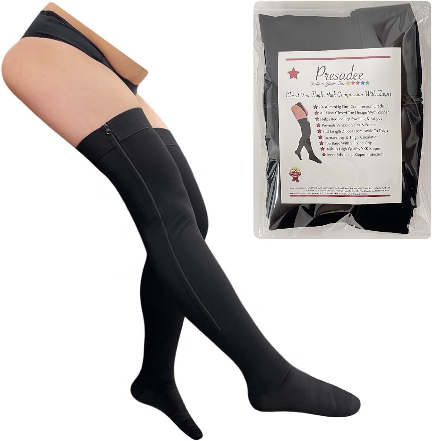 Presadee Closed Toe Thigh High 20-30 mmHg Firm Compression Leg with YKK Zipper (Black, 5)