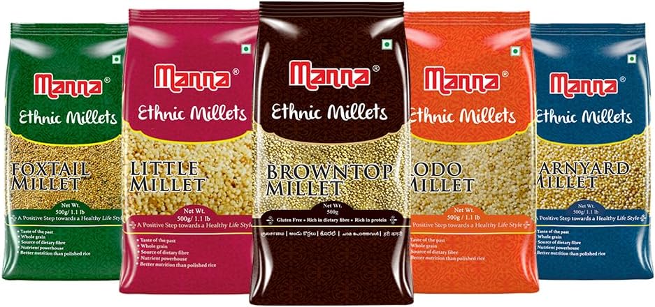 Manna Millets | Natural Grains | Browntop 500g, Little 500g, Kodo 500g, Foxtail 500g, Barnyard 500g | Low GI Rice | Nutrient Powerhouse, High Protein & More Fibre than Rice 500 g (Pack of 5) Browntop