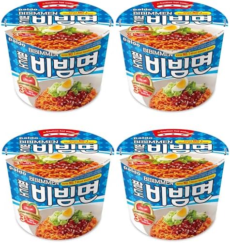 Paldo Fun & Yum Bibimmen Instant Cold Cup Noodles, Brothless Cold Ramen with Sweet & Spicy Seasoning Sauce, Best Oriental Style Korean Ramyun, Soupless K-Food 4.06oz (Pack of 4)
