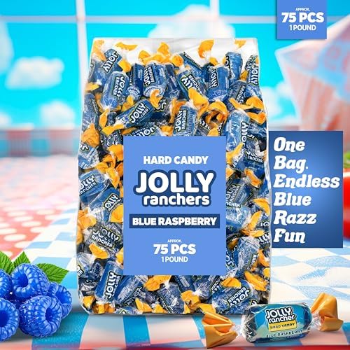 Blue Raspberry Jolly Ranchers Hard Candy – Original Flavor – 1 LB Bulk Bag (Approx. 75 Pieces) – Individually Wrapped Tart & Sweet Treats for Baby Showers, Back to School, Birthdays & Gift Bags