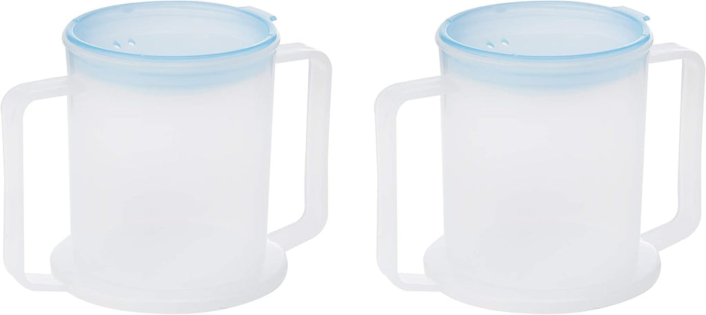 TWIN PACK ANTI-SPLASH ELDERLY OAP DURABLE REUSEABLE WIDE BASE LARGE HANDLES 300ML ADULT DRINKING CUP MUG