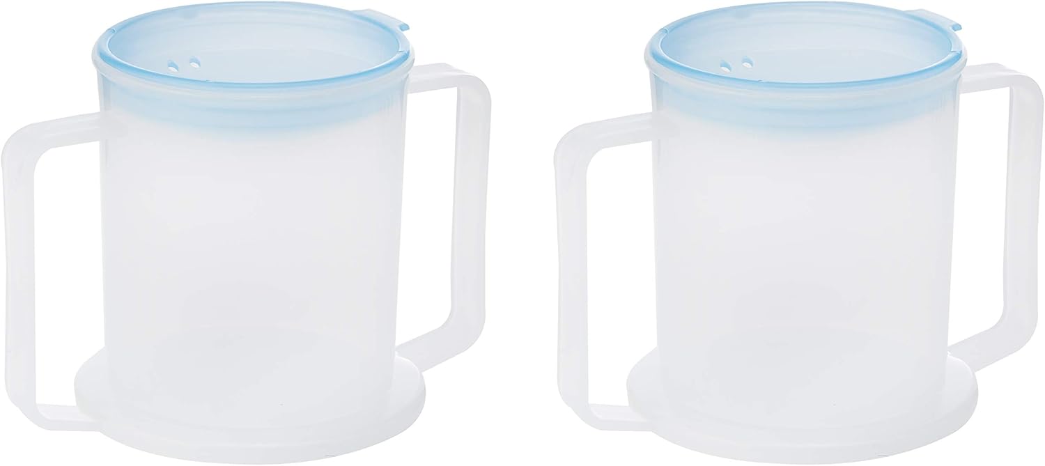 TWIN PACK ANTI-SPLASH ELDERLY OAP DURABLE REUSEABLE WIDE BASE LARGE HANDLES 300ML ADULT DRINKING CUP MUG