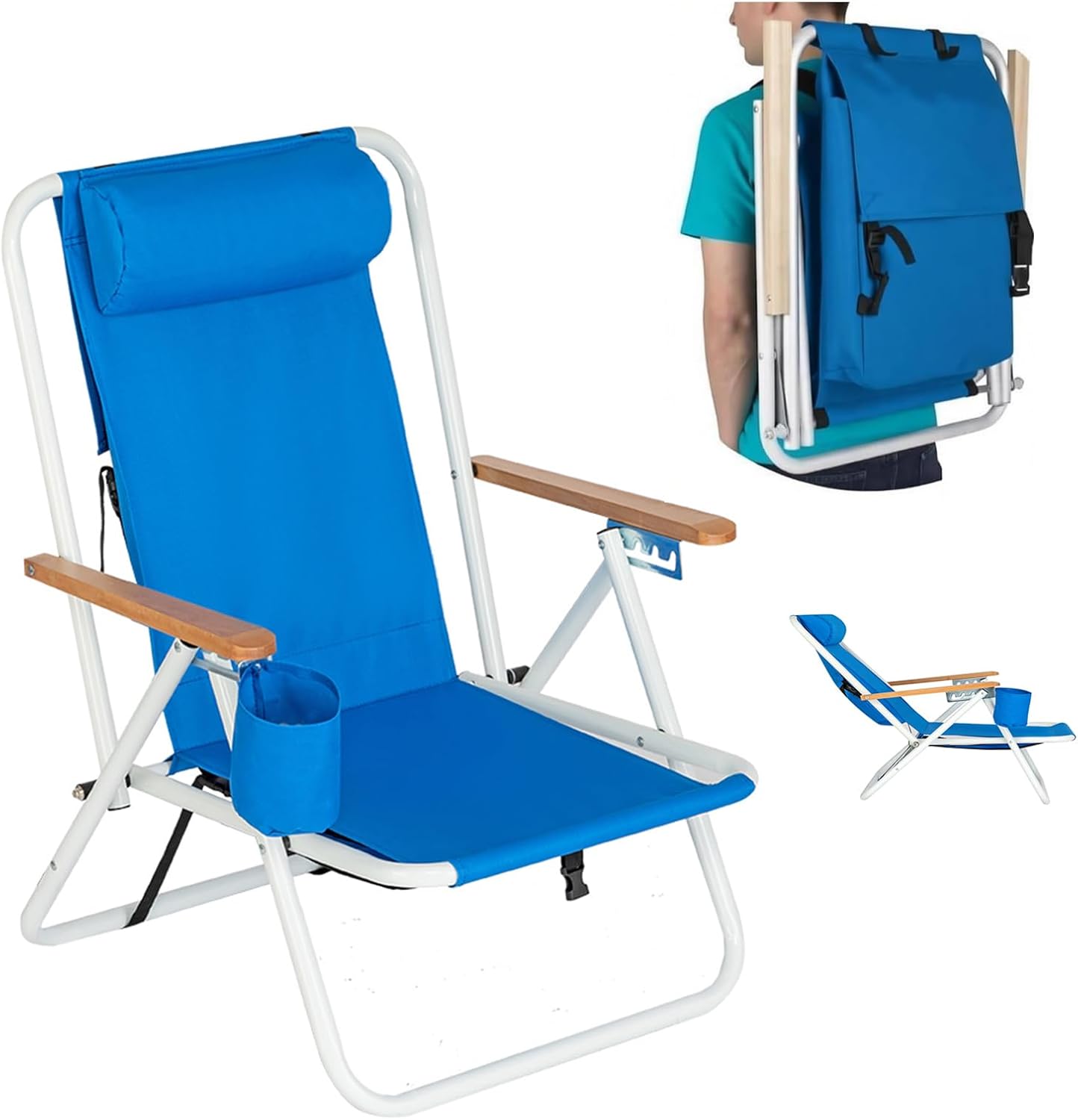 HOMSUPPLIE'S Folding Beach Chair Adjustable Headrest w/4 Flexible Tilt Angle, with Backpack Design, Headrests, Cup Holders & Armrests - Ideal for Sand,Camping, Lawn Concerts (Headrest,Blue, 1 pcs)