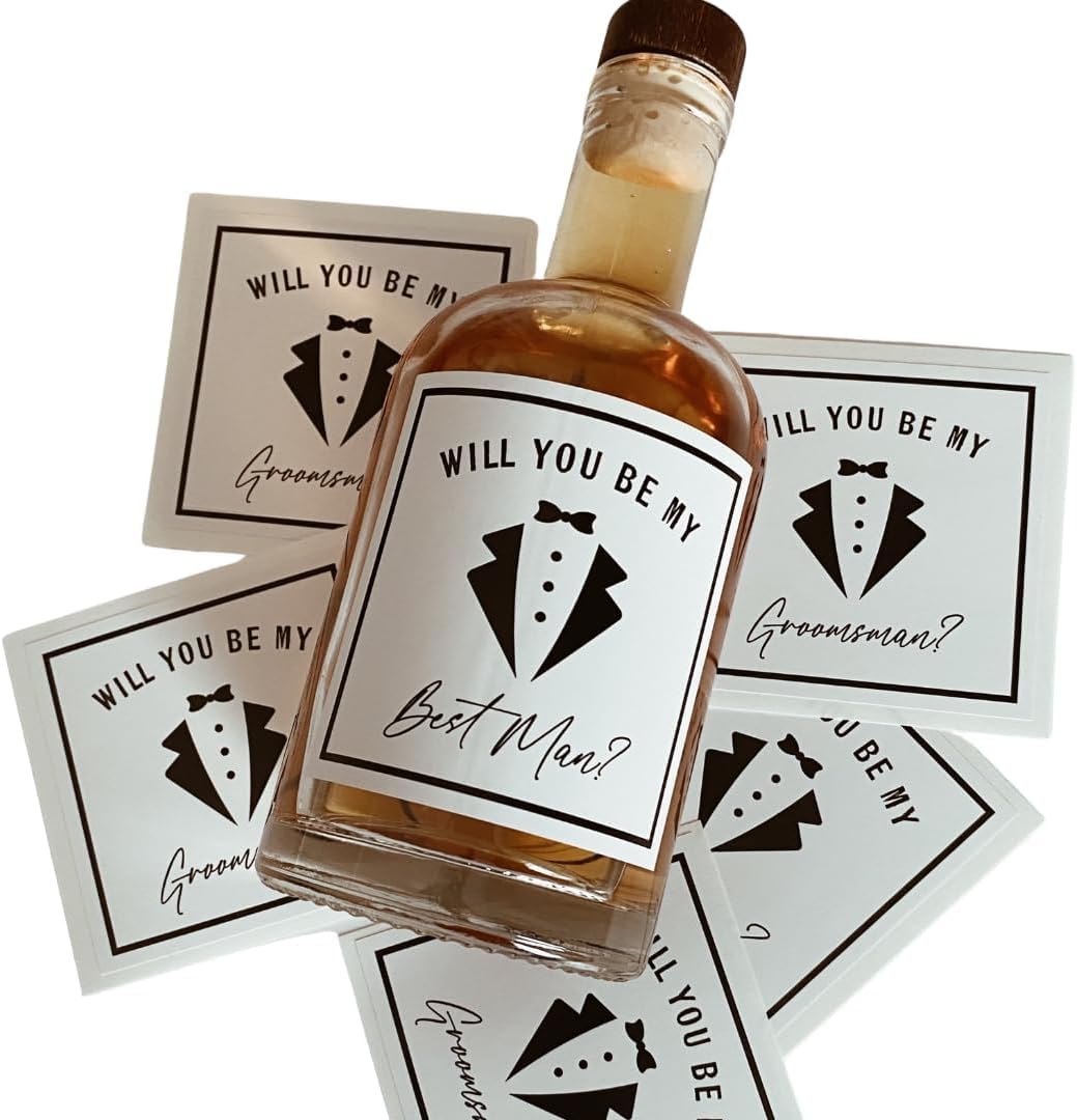 Groomsman Proposal Labels for Whiskey Bottles, Best Man Gift, Set of 6 (Small Whiskey/Beer 3x3)