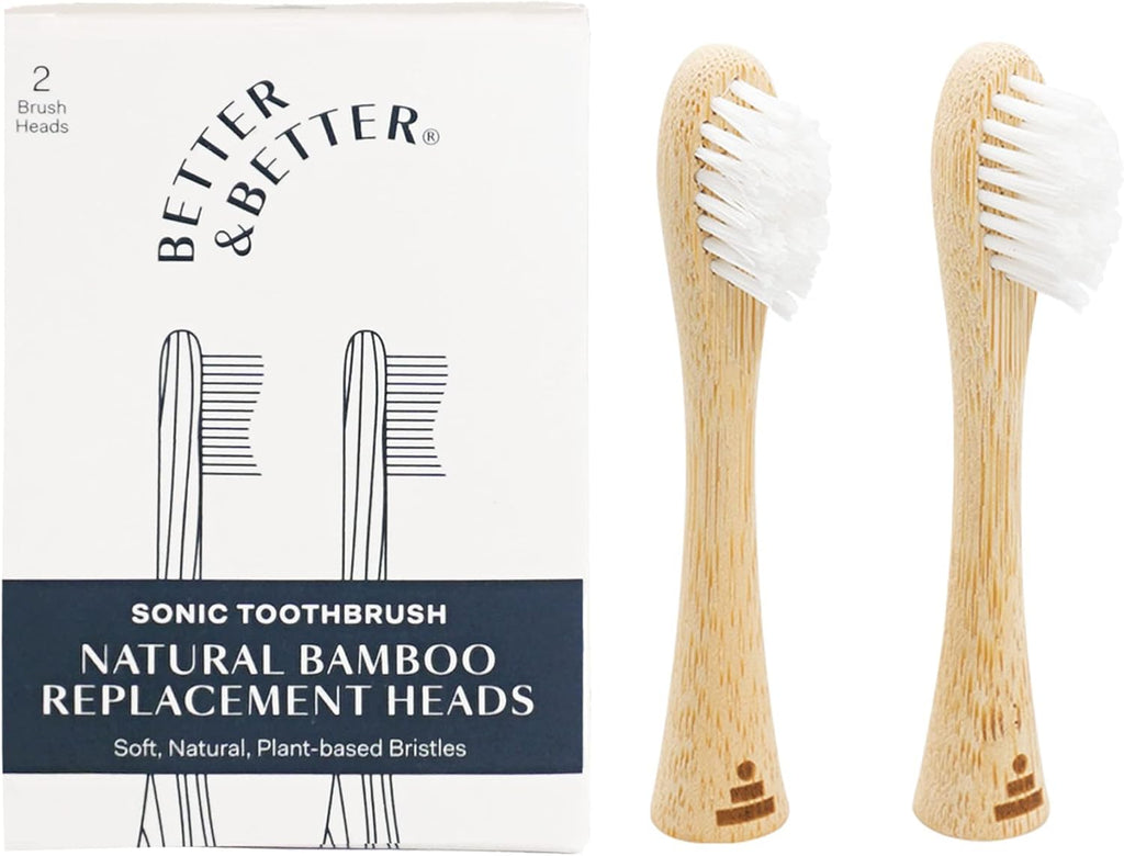 Better & Better Bamboo Sonic Toothbrush Replacement Heads, Fits Brush Only, Plant-Based Bristles, No Microplastics, Biodegradable, Soft, Gentle & Whitening, 2-Pack
