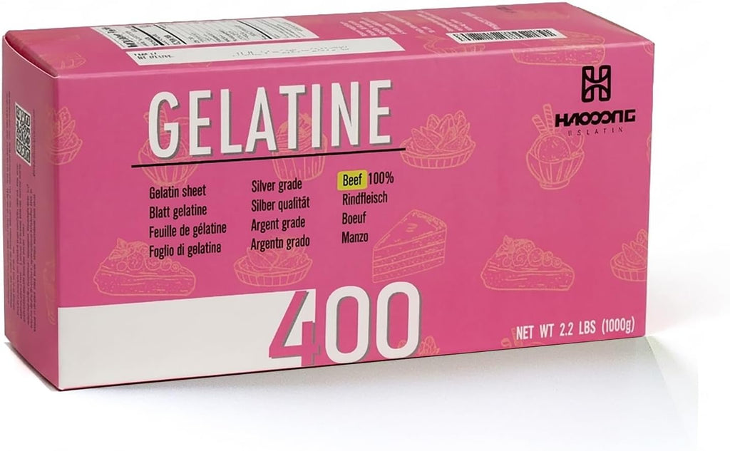 HAODONG Beef Silver Gelatin Sheets - 380-400Sheets 1KG(2.2LBS), 180Bloom Gelatin Leaves for Baking, Cooking Mirror Glaze Dessert Jellies Mousse Cake