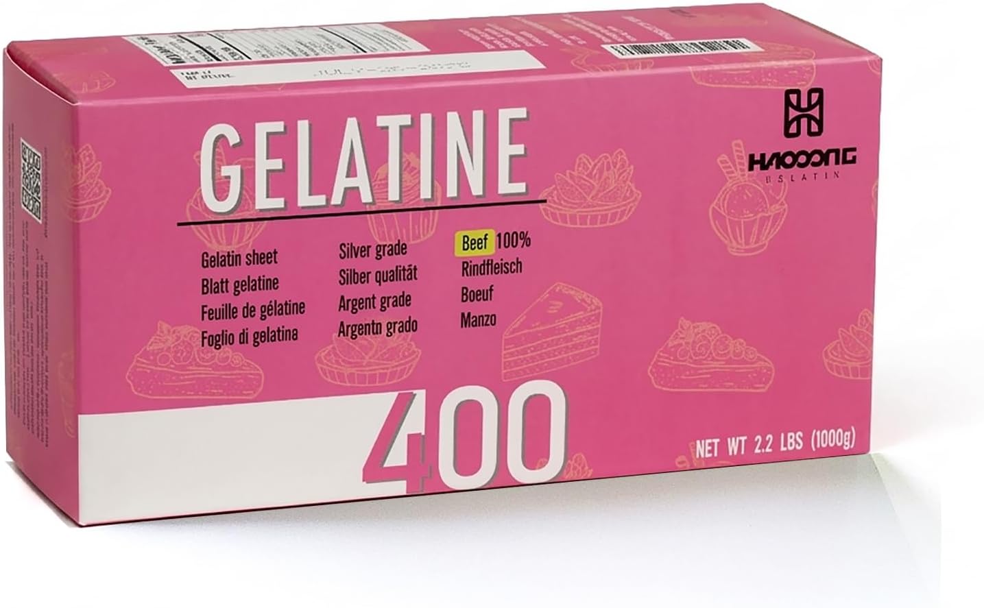 HAODONG Beef Silver Gelatin Sheets - 380-400Sheets 1KG(2.2LBS), 180Bloom Gelatin Leaves for Baking, Cooking Mirror Glaze Dessert Jellies Mousse Cake