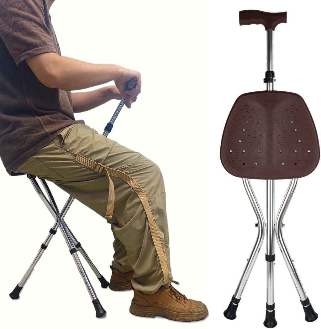 Cane with Seat Folding Lightweight,Cane Chair for Seniors Balance Supports Up to 265 Pounds,Walking Stick Height Adjustment，Anti-Slip Walking Stick for Elderly Men, Disabled