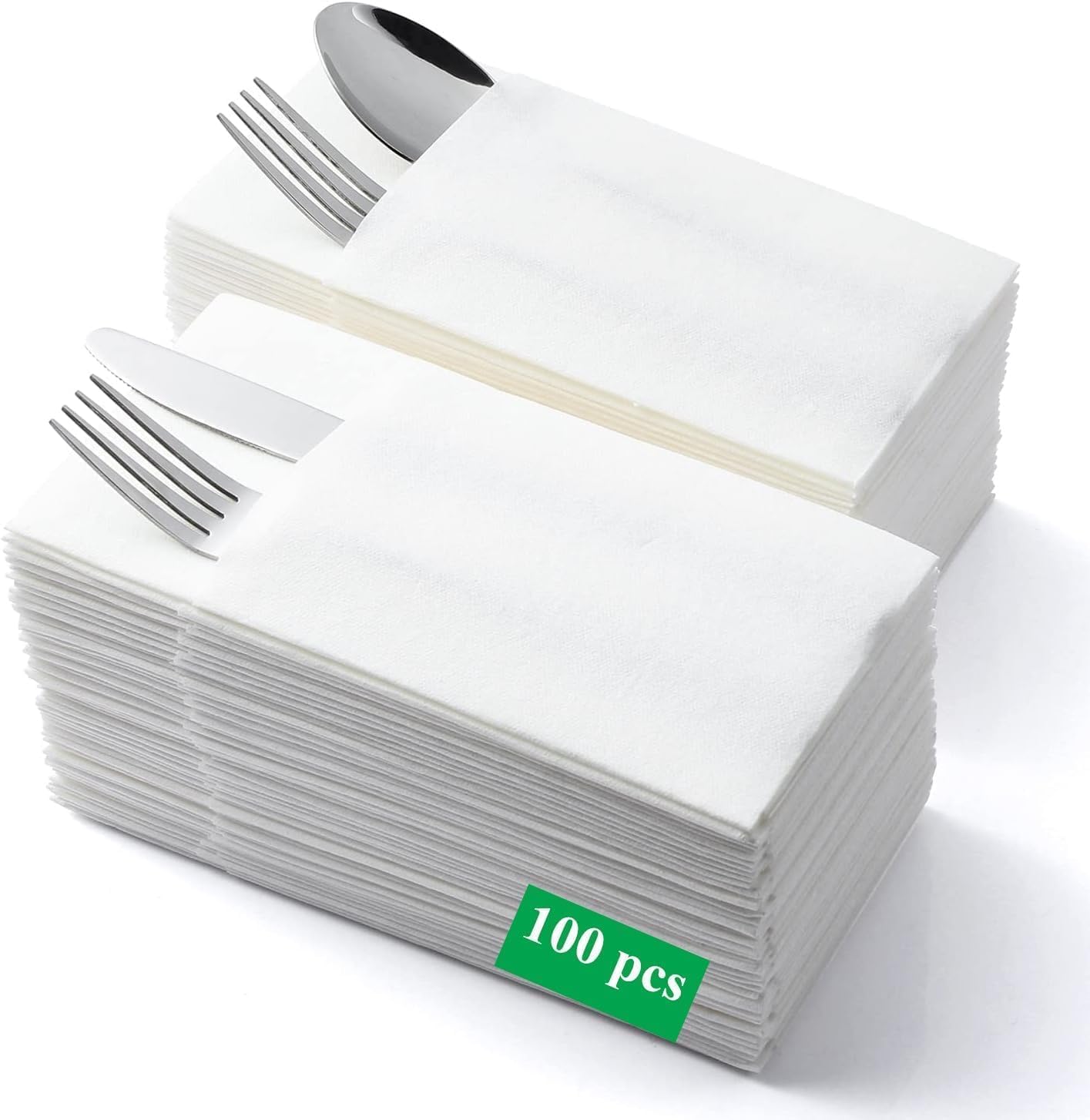 LEKOCH White Napkins with Pocket | Disposable Cloth Like Dinner Napkins | Built-in Flatware Pocket for Wedding Party & Events | Linen Feel | 100 Count