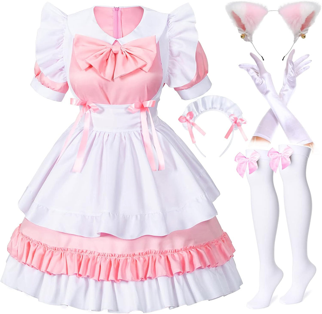 Women Sweet Kawaii Costume Dress Anime French Maid Cosplay Furry Cat Ear Gloves Socks Set