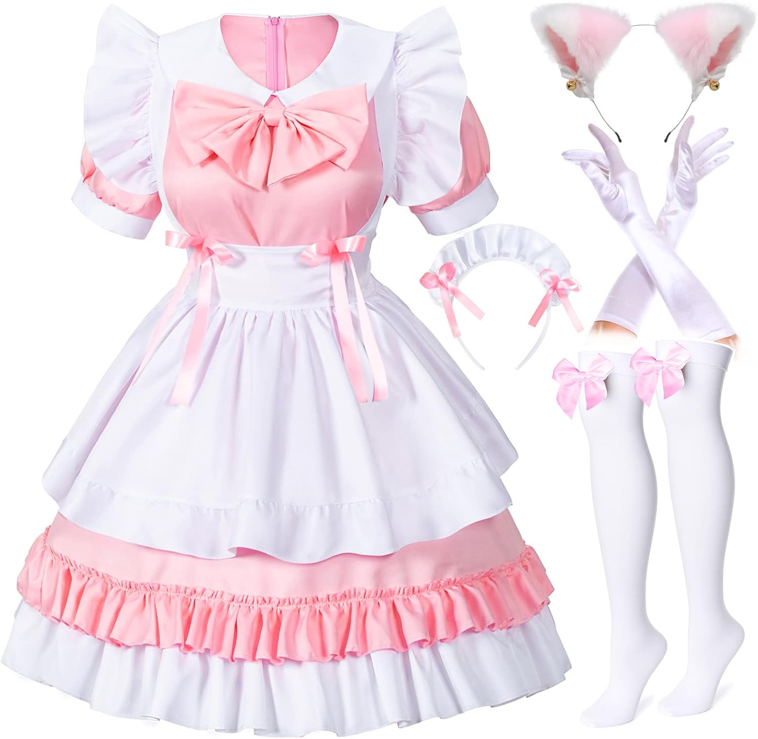 Women Sweet Kawaii Costume Dress Anime French Maid Cosplay Furry Cat Ear Gloves Socks Set