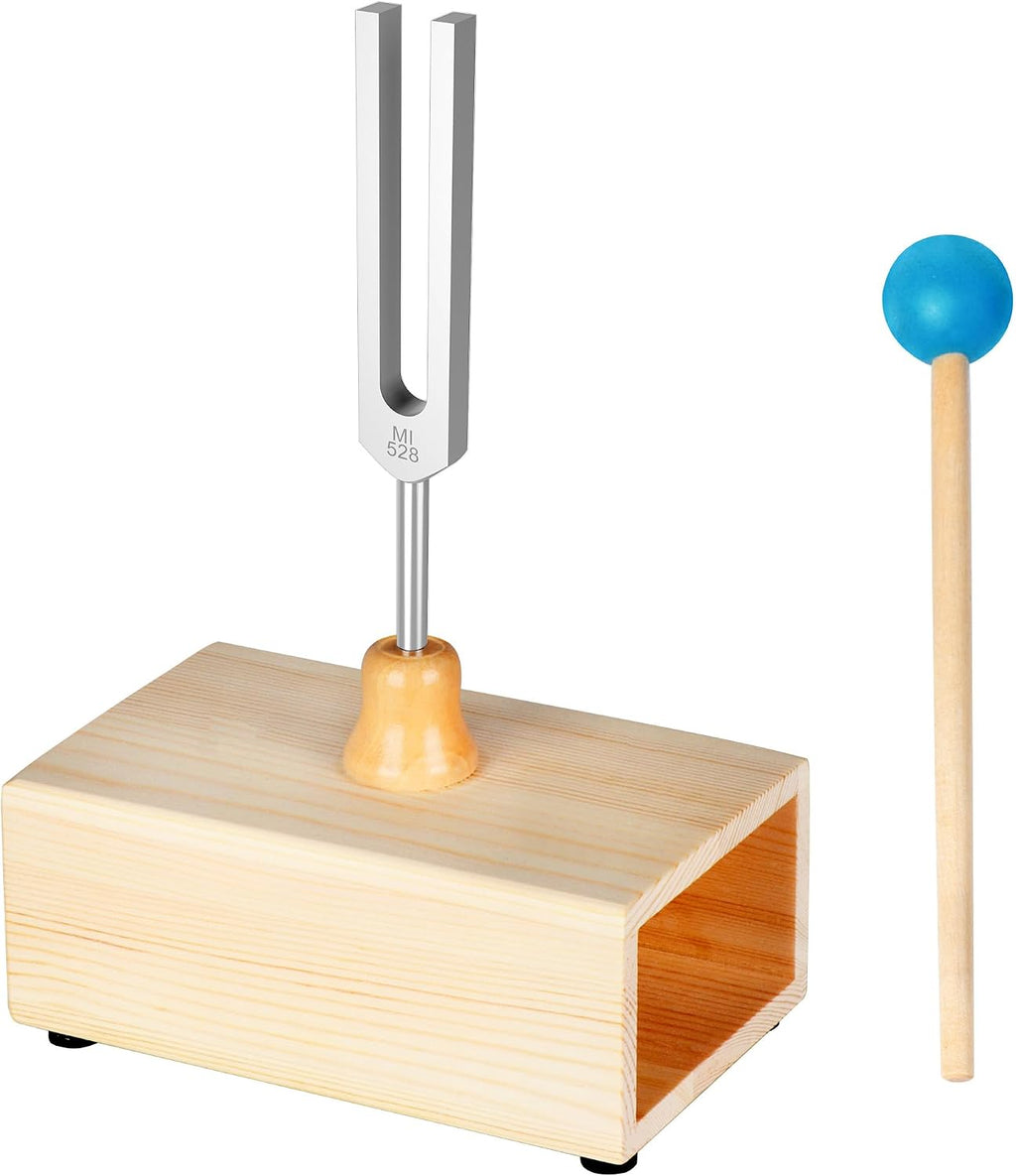 528Hz Tuning Fork with Wooden Resonance Box, Aluminum Alloy & Silicone Hammer for Meditation, Stress Relief & Chakra Balancing