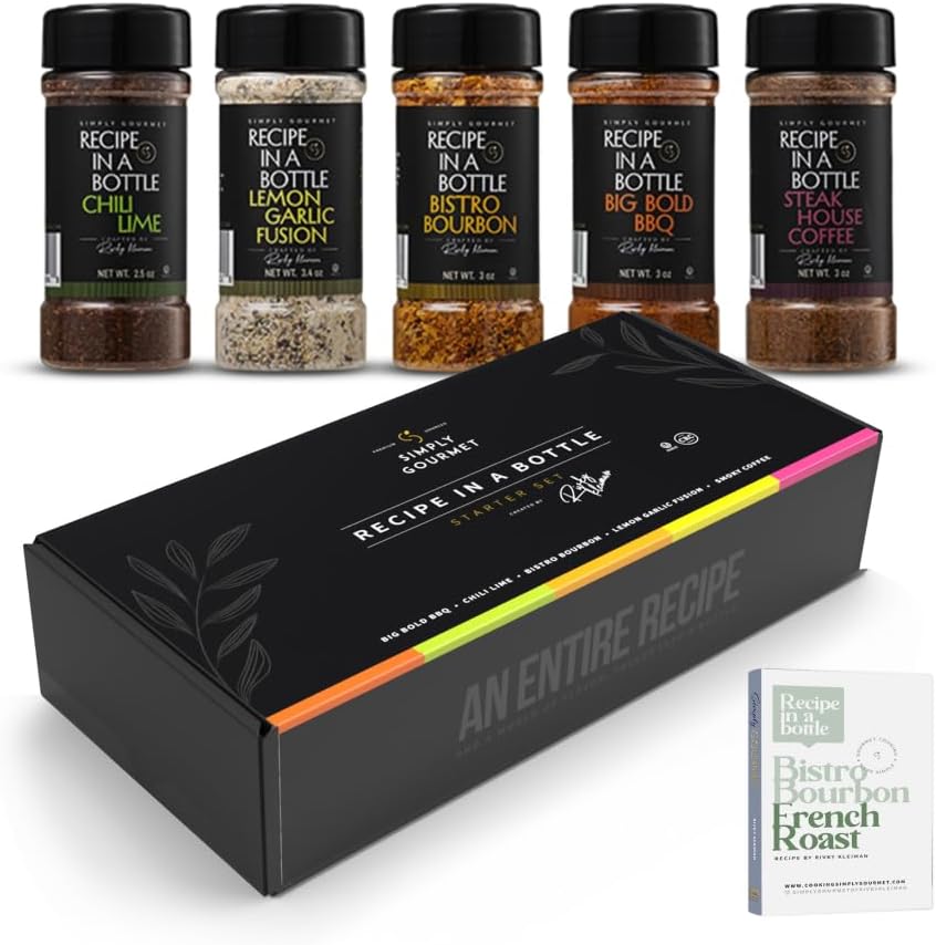Spice Box Gift Set 5x 3oz Bottles | Premium Blends With Recipe Cards | Best Gift for Foodies | Recipe in a Bottle | Miniature Cooking Adventure in a Box | Simply Gourmet by Rivky Kleiman (Packaging may Vary)