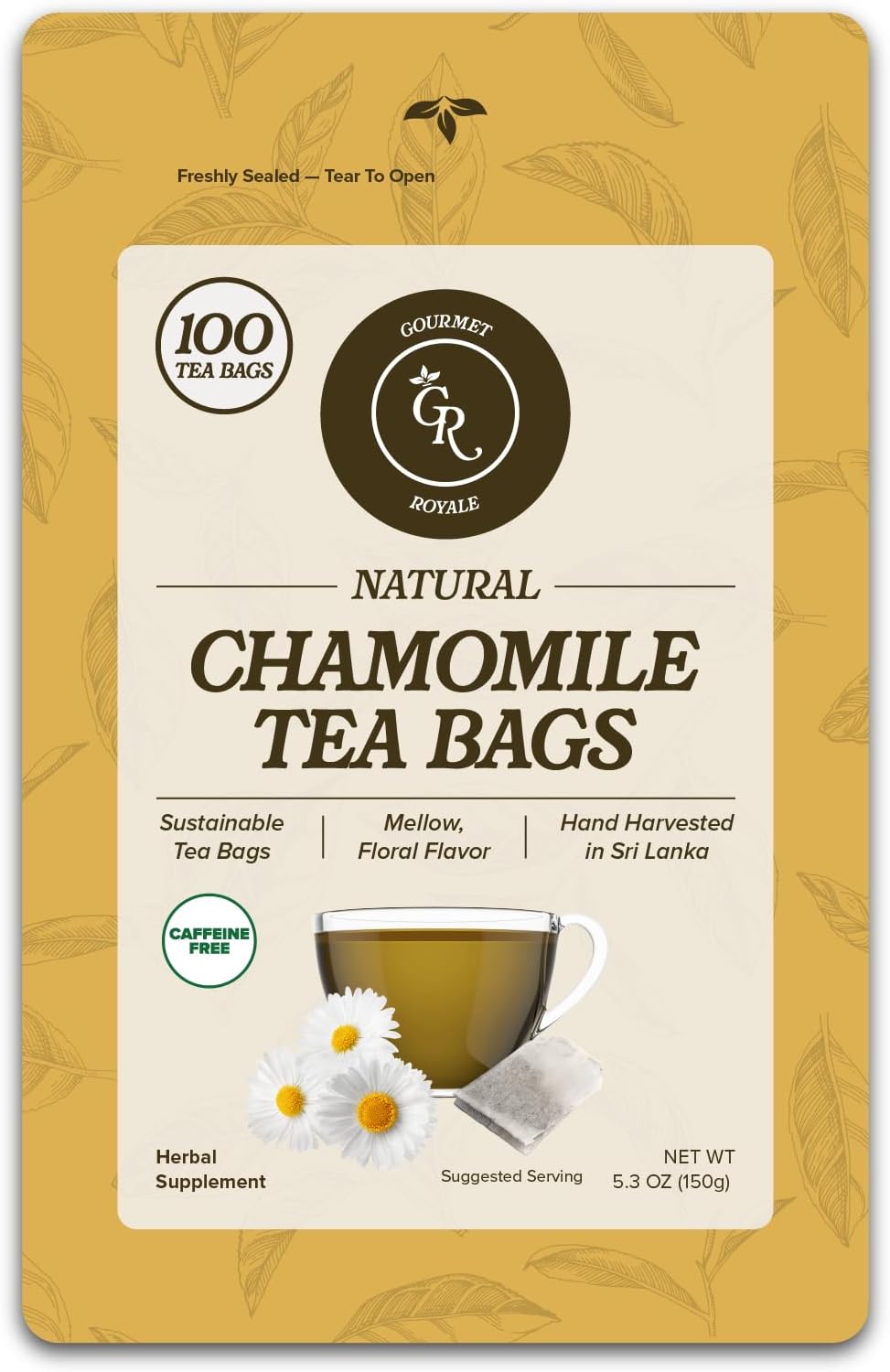 Gourmet Royale Chamomile Tea, 100 Count, Sustainable Tea Bags, Caffeine & Sugar Free, Premium Chamomile from Sri Lanka, Resealable Bag, Pure & Natural, (Pack of 1)