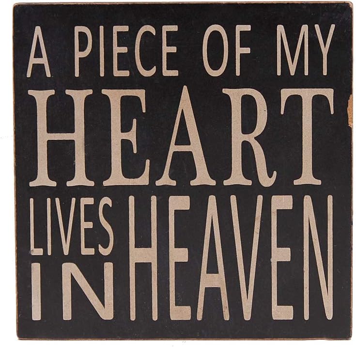 E-view Wood Box Sign with Quotes A Piece of My Heart Lives in Heaven, Memorial Sign Table Wall Decor 5.75 x 5.75 inches