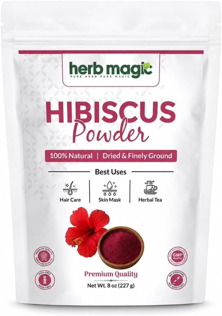 Hibiscus Powder 8oz - Dried Hibiscus Petals Powder, Flor de Jamaica for Herbal Tea, Smoothies, Hair & Skin Care, Natural Food Color, Hibiscus Sabdariffa Roselle ~ Herb Magic