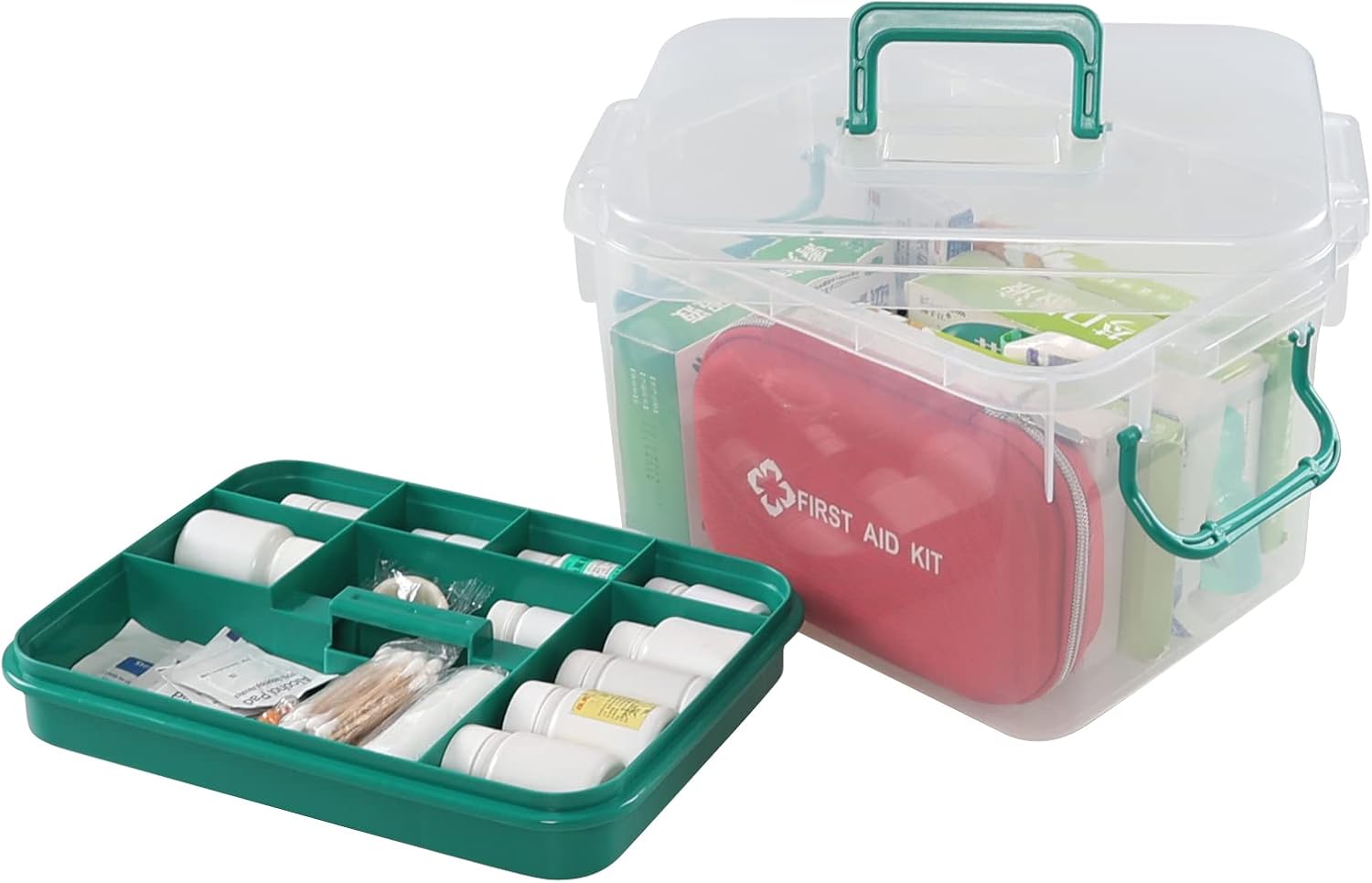 Vcansay Plastic Family First Aid Box with Double Layer and Handle, Emergency Medicine Box, Clear Container for Home, Car, Office, Travel & Outdoor Sports