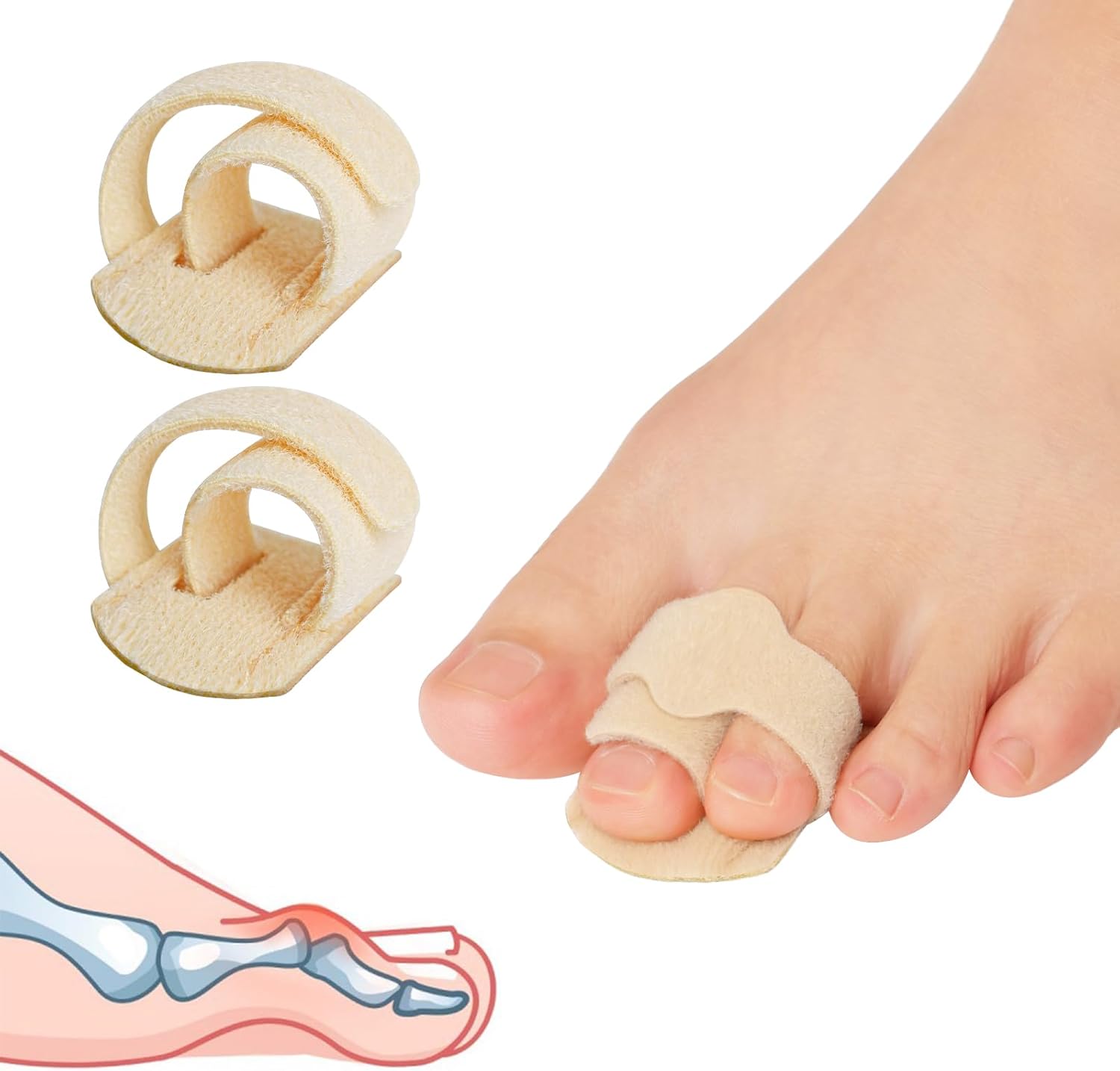 JUMPOW Hammer Toe Straightener - Broken Toe Wraps,Hammer Toe Corrector for Women & Men, 2 Pcs Toe Splint Relief for Correcting Hammer Toes, Broken Toes, Crooked Toes & Overlapping Toes (Beige)