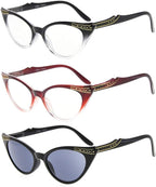 Eyekepper Womens 3 Pairs Reading Glasses Ladies' Vintage Cat Eye Readers, Include Sunshine Readers (Black Transparent/Red Transparent/Grey Lens, 3.00)