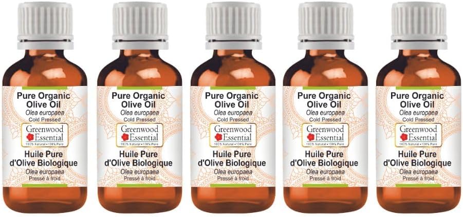 Greenwood Essential Pure Organic Olive Oil (Olea europaea) Cold Pressed (Pack of Five) 100ml X 5 (16.9 oz)