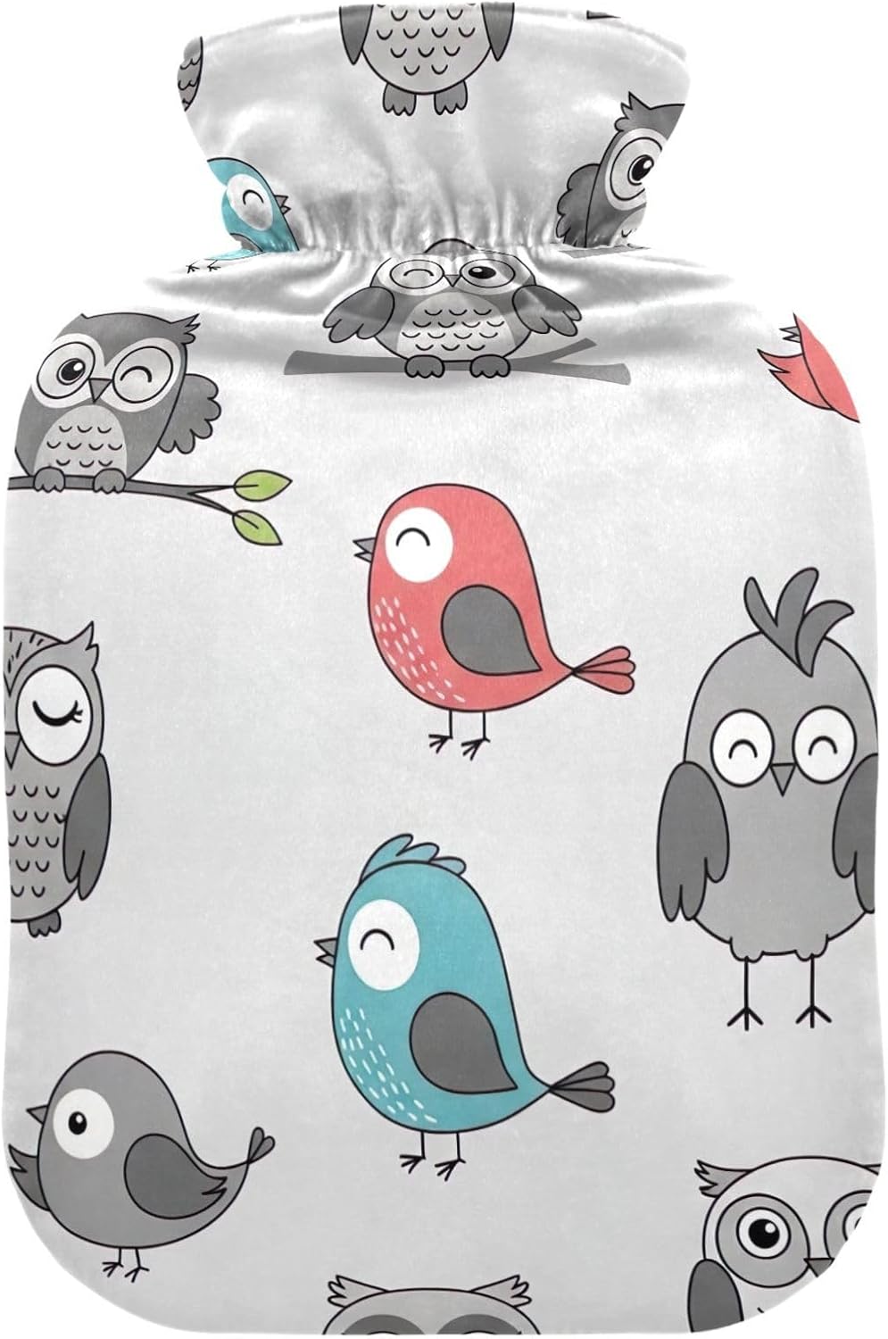 Cute Owls Birds Grey Hot Water Bottle with Soft Cover Hot Water Bag for Neck, Shoulder and Menstrual Cramps Medium