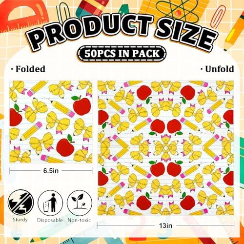 AnyDesign Back to School Paper Napkins Luncheon Napkins Pencil Bow Apples Notebook Disposable Dessert Dinner Hand Towels for First Day of School Party Supplies Table Decoration, 50 Pcs