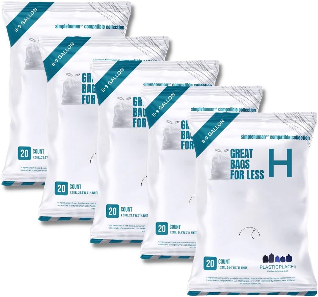 Plasticplace Custom Fit Trash Bags, Compatible with simplehuman Code H Packs, White Drawstring Garbage Liners 8-9 Gallon, 18.5'' x 28'' (20 Count/5 Pack)