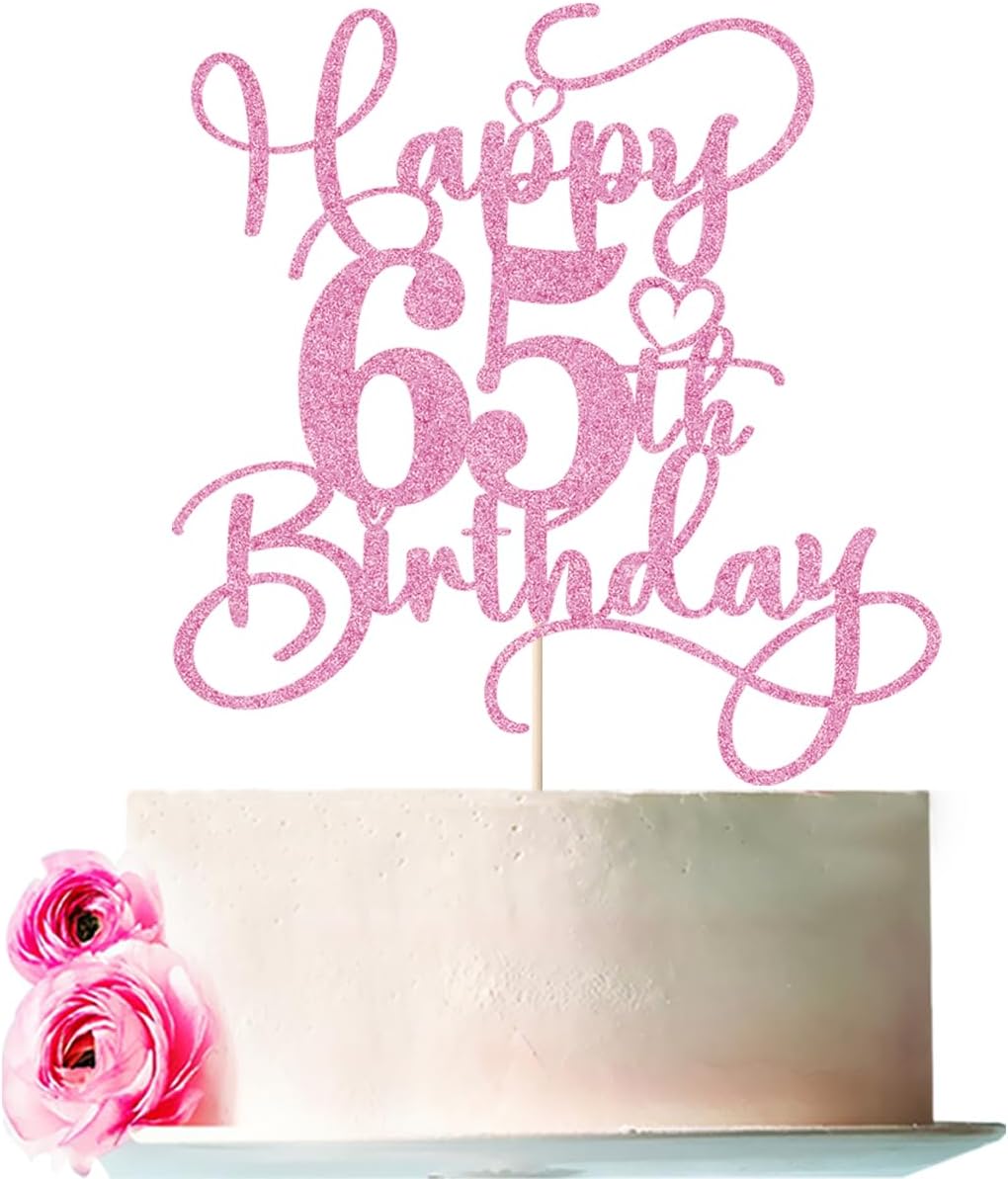 Pink Happy 65th Birthday Cake Topper 1pcs Glitter Cake Topper for Sixty-five Birthday/Anniversary Theme Party Cake Decorations Supplies