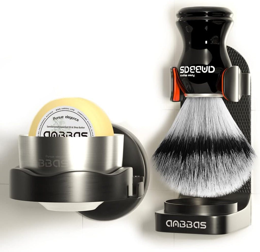 Anbbas Faux Badger Hair Shaving Brush and Bowl with Black ABS Wall Mounted Shaving Stand Holders for Soap Bowl and Brush,100g Soap Bar,5IN1 Set for Men Close Shave