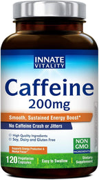 Innate Vitality Caffeine, 200 mg Caffeine Pills for Adults, Men & Women, No Crash or Jitters, Non GMO, No Gluten, Boost Energy Levels & Mental Focus, 120 Vegan Capsules