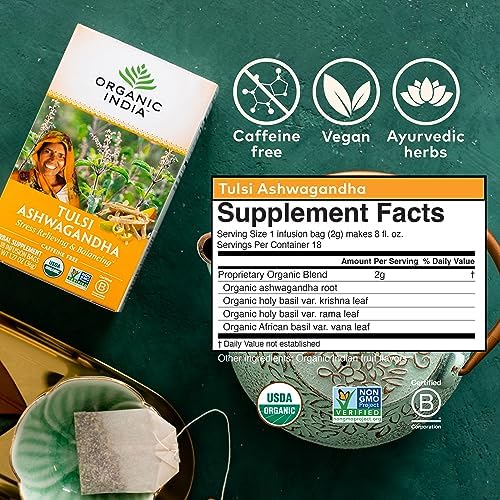 ORGANIC INDIA Calming Tulsi Ashwagandha Herbal Tea - Holy Basil Tea with Ashwagandha Root, Supports Restful Sleep - Adaptogen, Vegan, USDA Certified Organic, Non-GMO - 18 Infusion Bags, 3 Pack