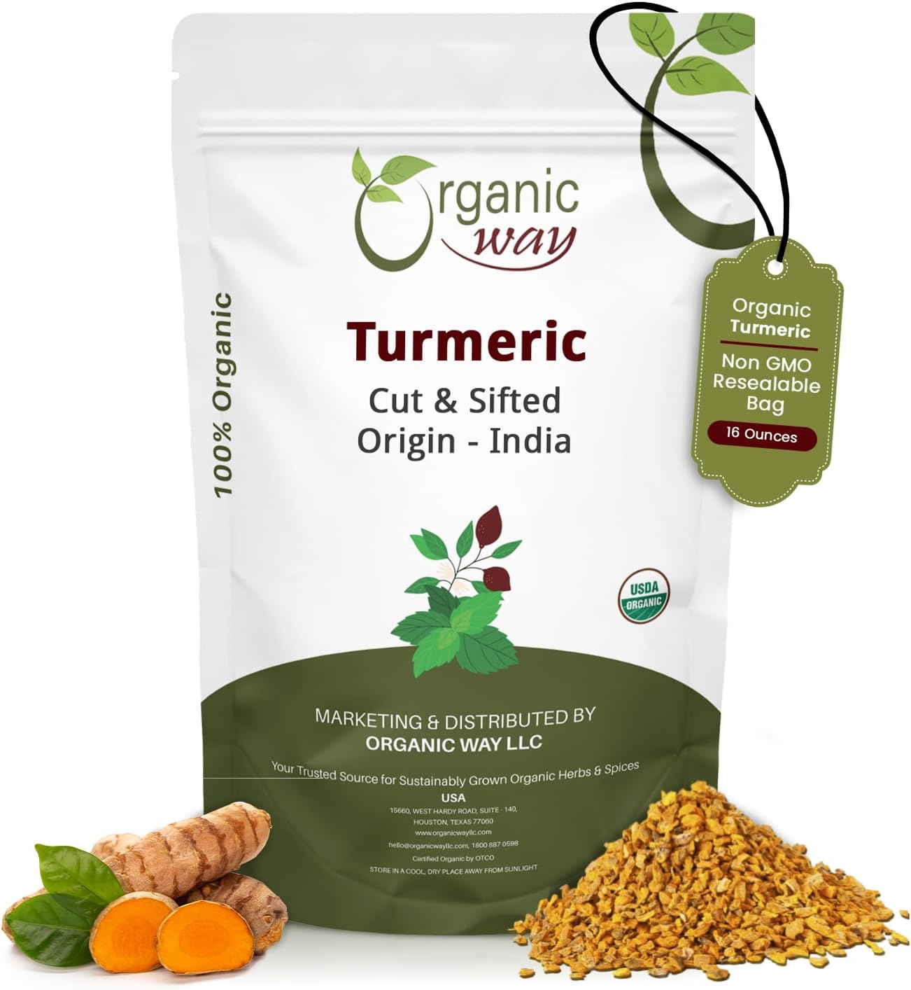 Organic Way Turmeric/Haldi Root Cut & Sifted (Curcuma Longa) - Herbal Tea | Kosher & USDA Certified | Vegan, Non-GMO & Gluten Free | Tested for Heavy Metal and Purity | Raw from India (1LBS / 16Oz.)