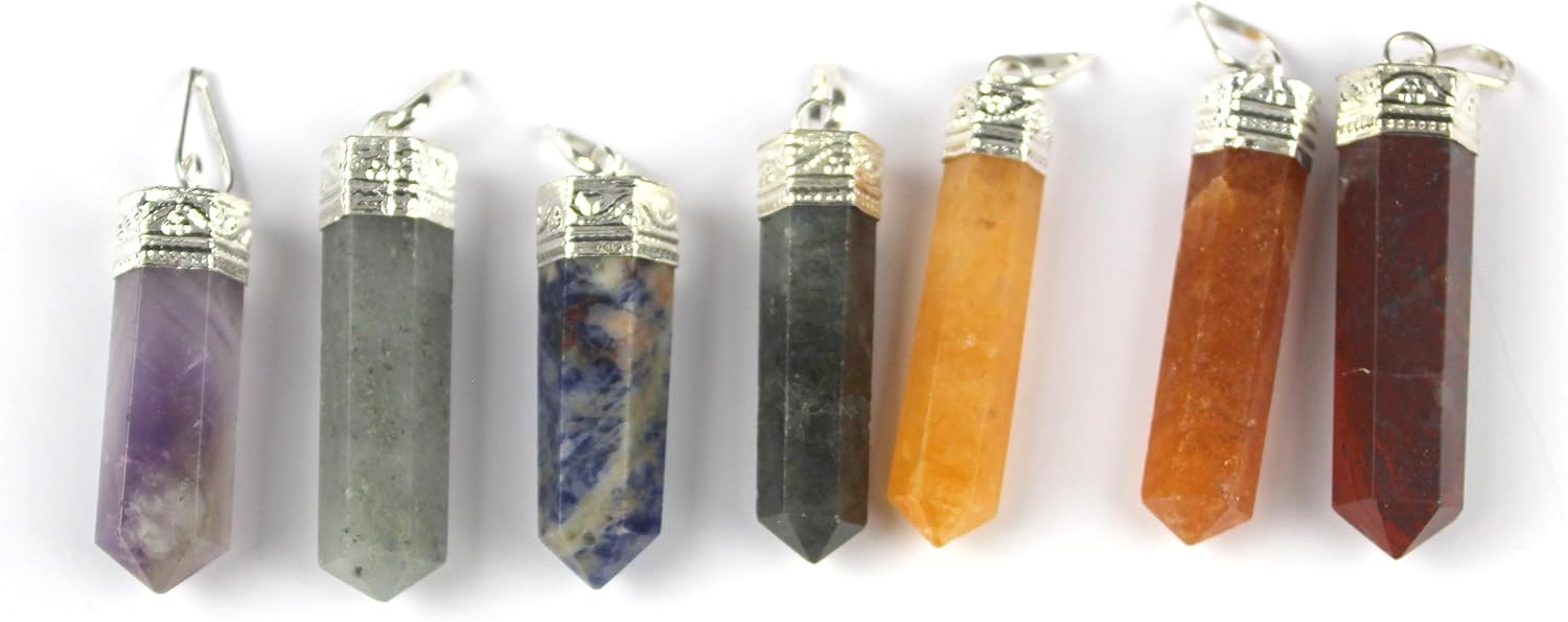 Jet Chakra Pendant Pencil point Gemstone Healing Reiki Chakra Balancing Good Luck 7 Pendant set Approx size 2 Inch