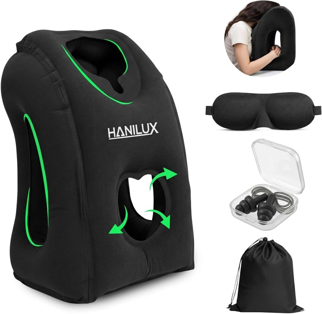 Inflatable Travel Pillows for Airplanes, Blow Up Travel Pillow for Train Office Car with Chin and Neck Support, Inflatable Travel Pillow for Sleep Support with Eye Mask,Storage Bag & Earplugs (Black)