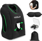 Inflatable Travel Pillows for Airplanes, Blow Up Travel Pillow for Train Office Car with Chin and Neck Support, Inflatable Travel Pillow for Sleep Support with Eye Mask,Storage Bag & Earplugs (Black)