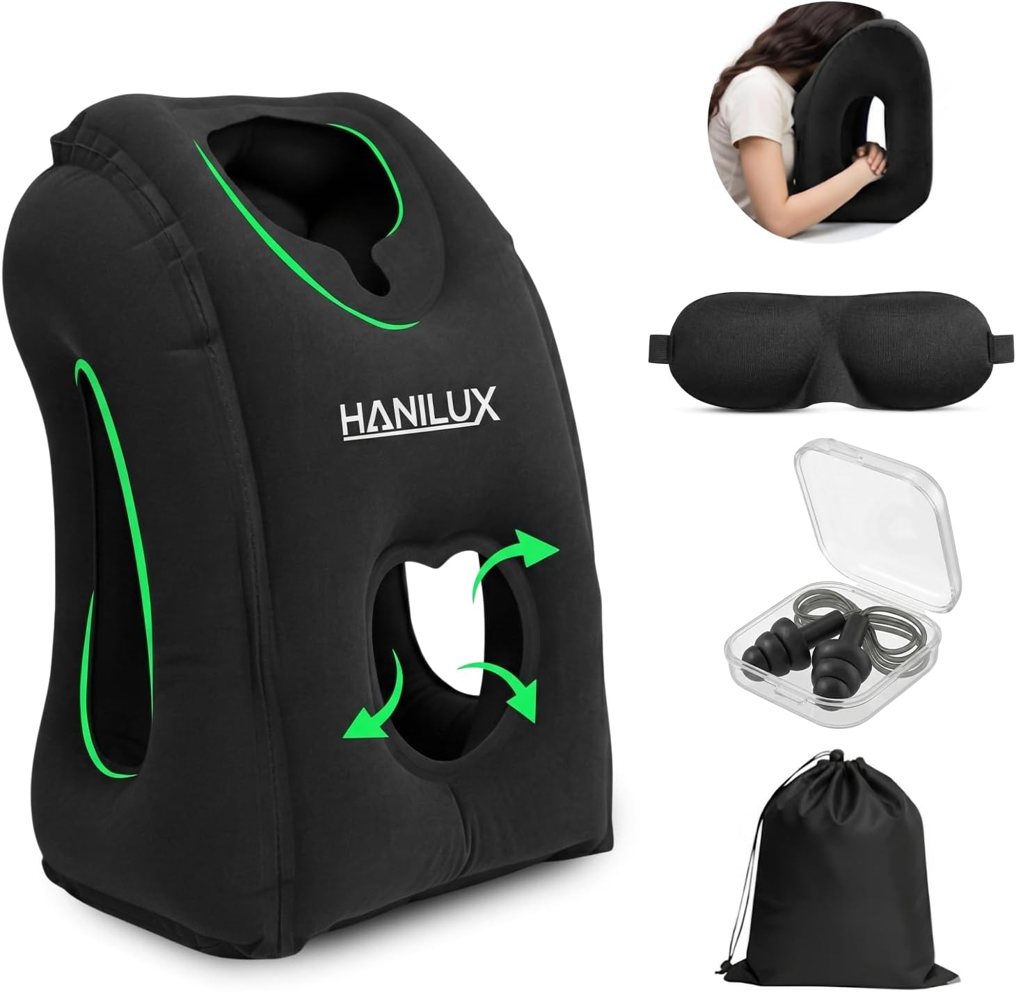 Inflatable Travel Pillows for Airplanes, Blow Up Travel Pillow for Train Office Car with Chin and Neck Support, Inflatable Travel Pillow for Sleep Support with Eye Mask,Storage Bag & Earplugs (Black)