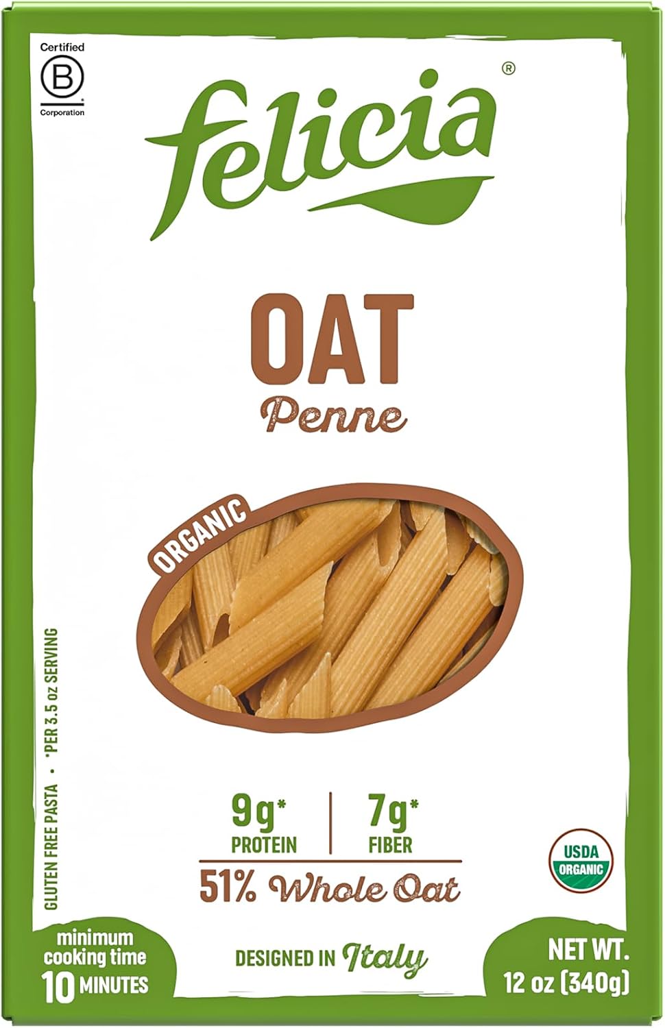 Felicia Gluten Free Pasta, Oat Penne, Organic Multigrain Noodles, Good Source of Fiber, Designed in Italy, Plant Based, Non GMO, 12 Oz, 6 Boxes