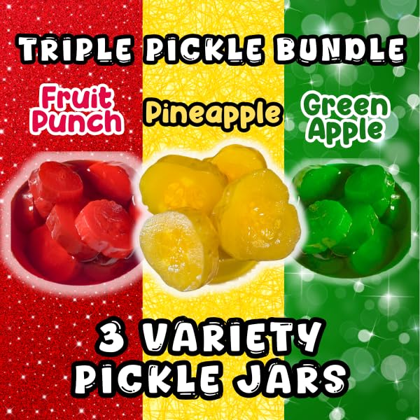 Alky Therapy Triple Pickle Bundle, Candy Flavored Dill Pickles Variety Pack, Fruit Punch, Pineapple, Green Apple, 3 Jars, Perfect for Snacks and Gifts